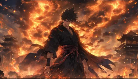A man in a black robe, holding a sharp sword, standing in a desolate ruin, surrounded by broken buildings and burning flames, with a dark and stormy sky above, his cold and majestic gaze exuding an unbeatable power, ,in the style of the stars art group xin...