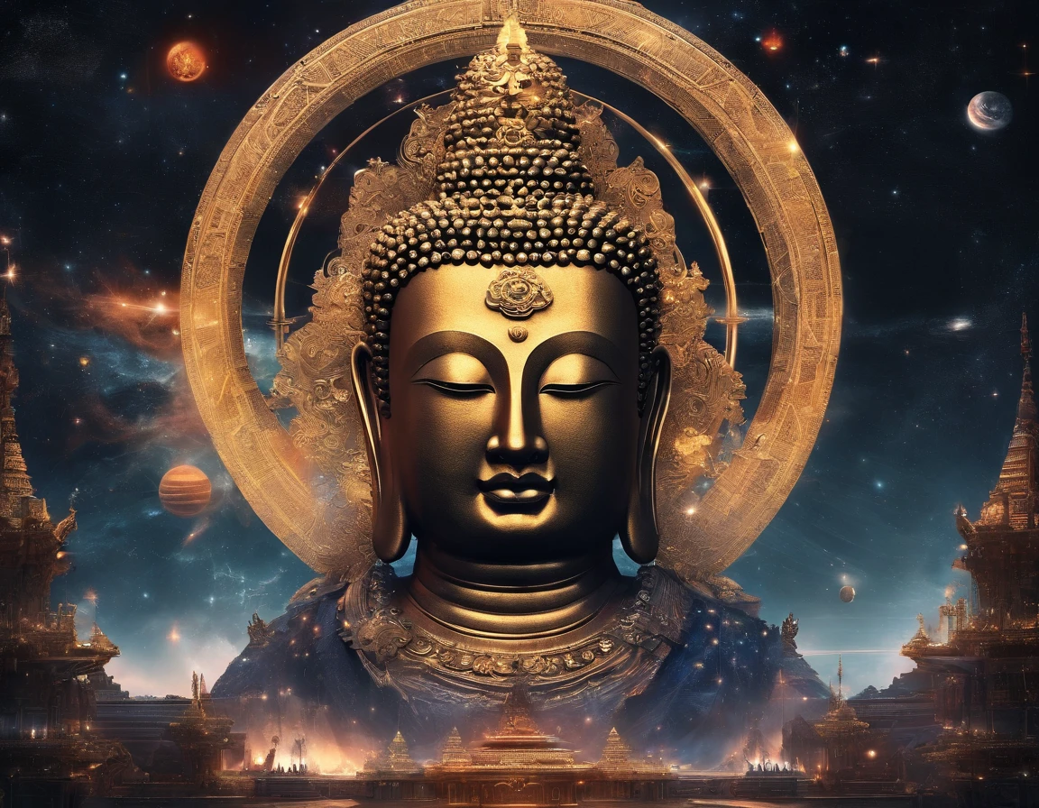 Interstellar，Endless space，The huge Maitreya Buddha statue rushed towards the huge space-time tunnel，Highly detailed portrait of a huge golden Buddha with the halo of the sun god，ssee-through，depth of fieldasterpiece))，(Best quality))，Magnificent space image scene，surrealism, Super detail, ccurate, Best quality, hyper HD, Masterpiece, Anatomically correct, A high resolution, 16k