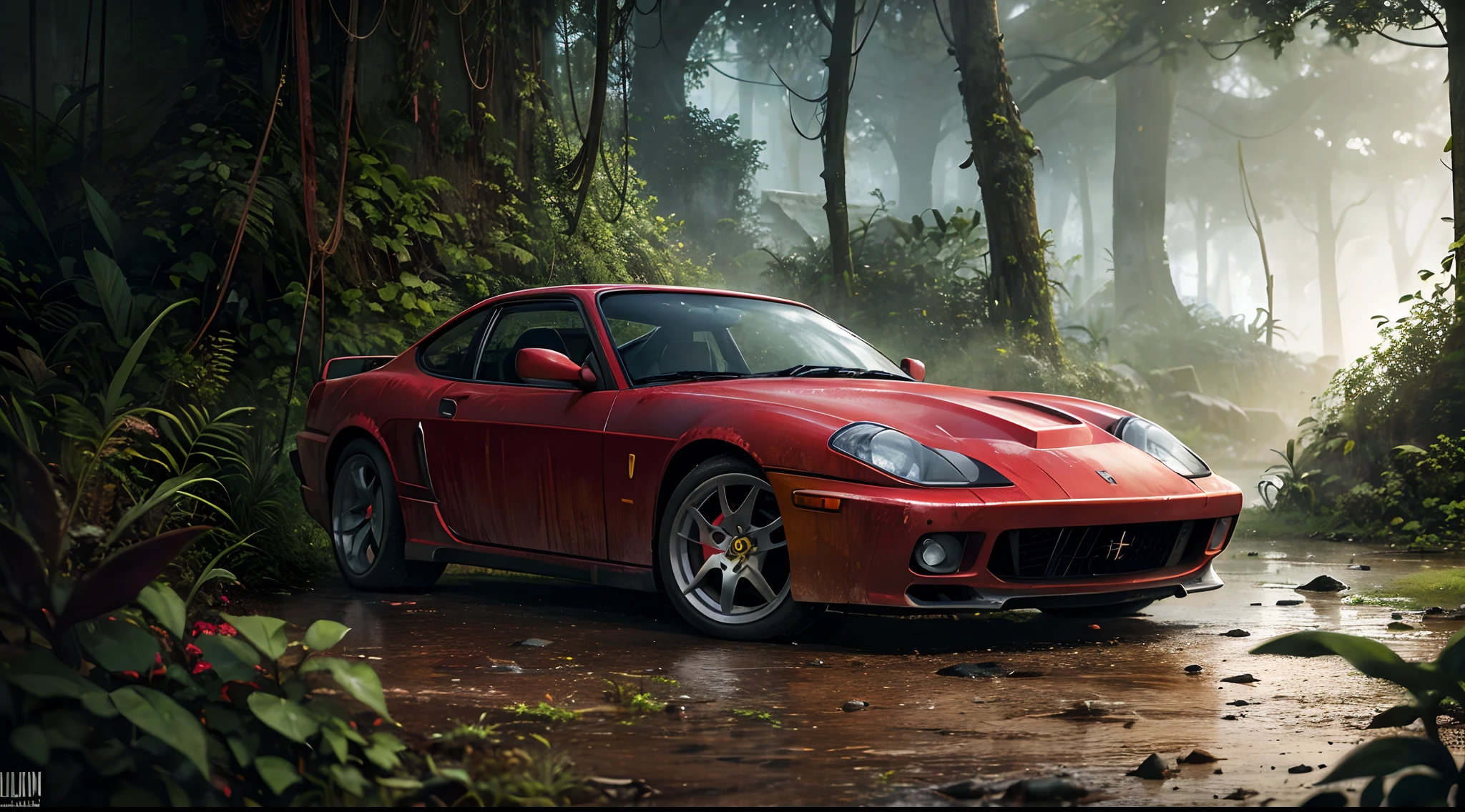 a rusty old red Ferrari  car in jungle, rainy day, harsh light,  rusted car parts scattered on the ground, a chain, a gun, a dark and oppressive atmosphere, and a dramatic ambient light. spot  warm light on car , dark plants dark plants surrounding car, cinematic color grading, vain, apocalyptic color palette, ultra detailed, high definition, shallow depth of field, bokeh, rubble, wild vegetation, by pascal blanche, neil blevins, thomas kinkade