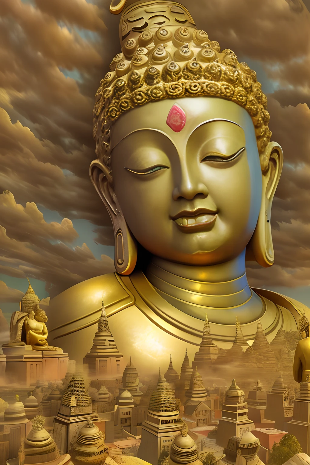 A huge golden Buddha statue rushed into the clouds，Pilgrims on the road，Light smile,China-style，In the distance, surrealism, stereograms, tachi-e, Atmospheric perspective, hyper photorealism, Cinematic lighting, god light, Super detail, ccurate, Best quality, Masterpiece, 16k, High details, A high resolution, Award-Awarded, Super detail, Anatomically correct