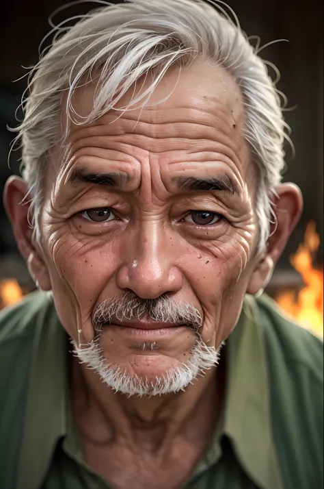 A close-up of a Vietnamese old man's face, illuminated by the light of a fire, with a backdrop of a dirty river and a shanty tow...