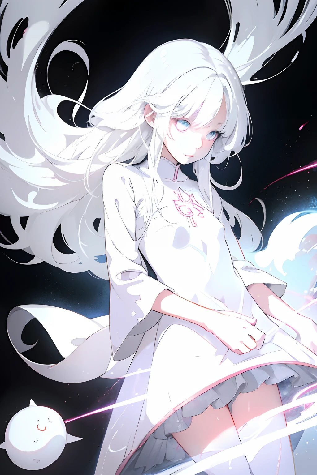 white  hair,ethereal anime,  White Cat Girl,Pale Young Ghost Girl, demon anime girl, Glowing white eyes, Fuzzy Ghost, soft anime illustration, with white long hair, 2 d anime style,  2d art cover,  dreamy psychedelic anime,  anime abstract art,Detailed key anime art