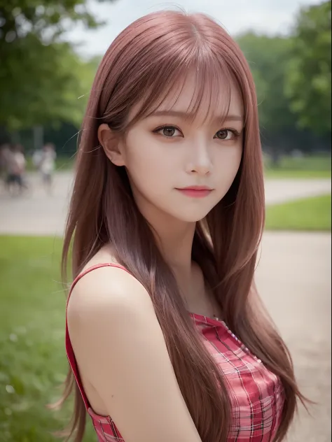 best quality, realistic, ultra high res, (photorealistic1.4), 1girl, solo, bareface, glowing eyes, red eyes, red hair, smile, sleeveless red button shirt, night, in the park, ((upper body)), ((puffy eyes)), (((looking at viewer))), ((closeup)),