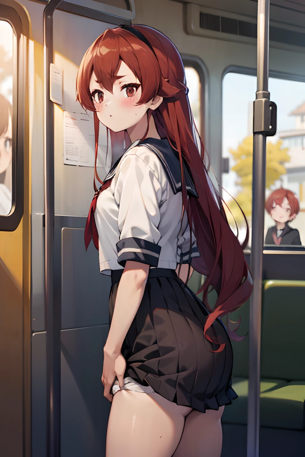 Anime girl in short skirt standing on a subway train - SeaArt AI