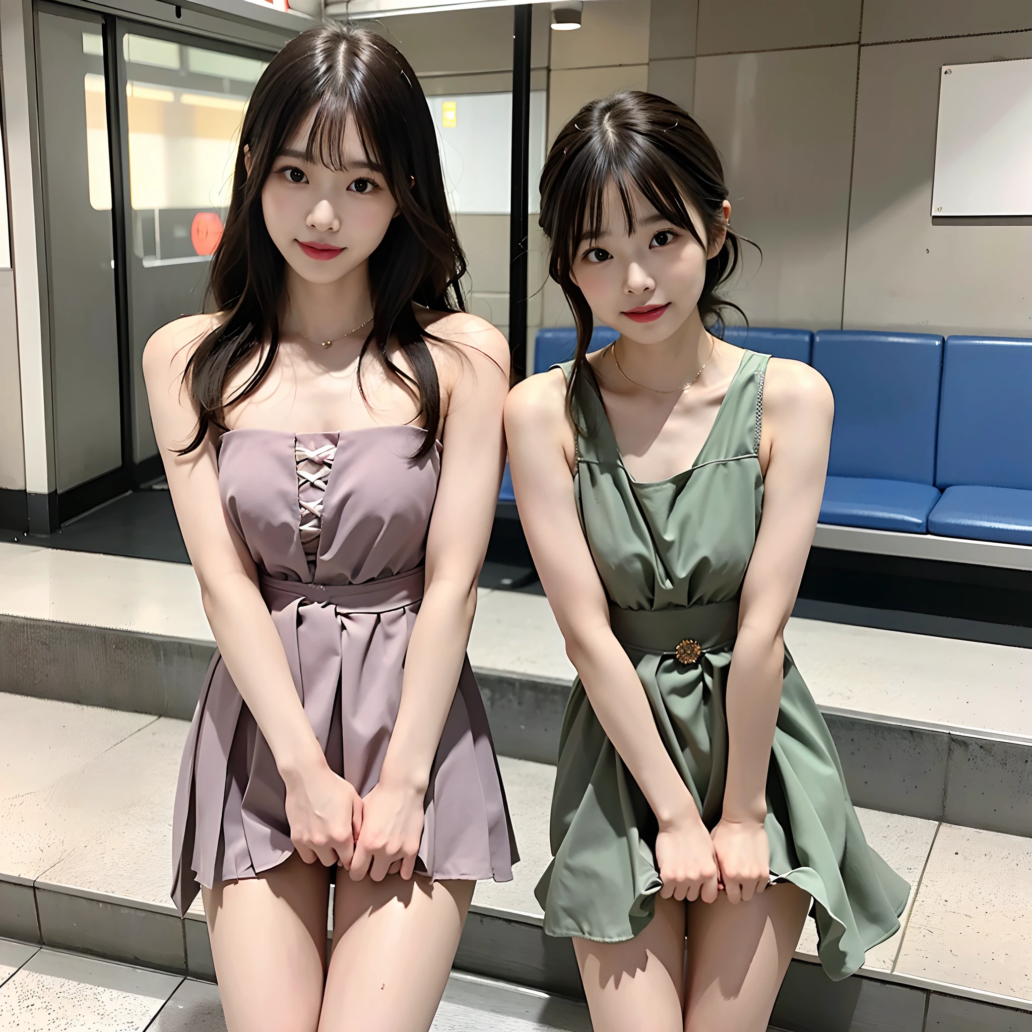 Two asian women in short dresses posing for a picture - SeaArt AI