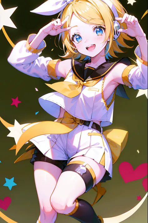 album cover, Kagamine Rin, number tattoo, short hair, bow, Kagamine Rin, short hair, number tattoo, bow, white shirt, detached sleeves, belt, sailor collar, headphones, knee length shorts, leg warmers, hands in the air, happy, open mouthed smile, multicolo...