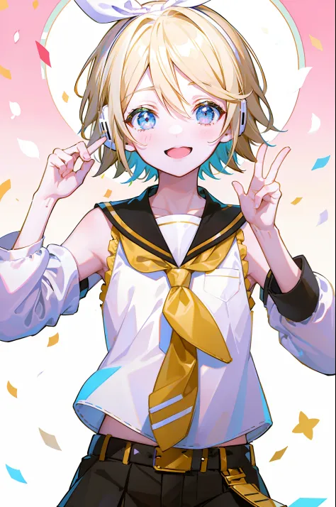album cover, Kagamine Len, short hair, white shirt, detached sleeves, necktie, belt, sailor collar, headphones, knee length shorts, leg warmers, hands in the air, happy, open mouthed smile, multicoloured confetti, energetic, colourful background, pattern b...