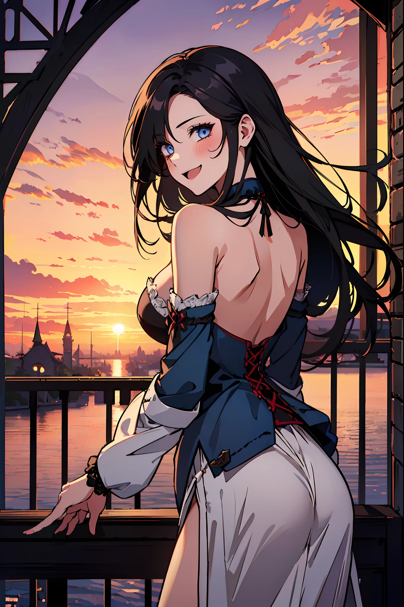 ((one girl)), dark blue eyes, (((same eyes, same eye style))), long hair, A beautiful girl is on the road, 25 years old, masterpiece, highest quality, blue shirt, cleavage, shoulders exposed, white mini skirt, big breasts, portrait, (high quality :1.5), black hair, (((happy)), blush, Tall body, outdoors, (((medieval era, village))), laugh, ((high resolution)), ((sunset in the back)), ((bridge)), mature face