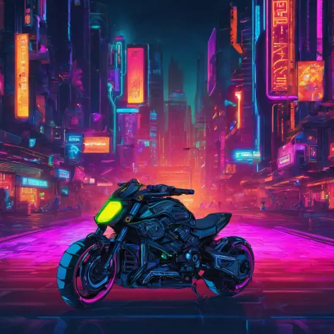 Cyberpunk-style motorcycle, colored in black and neon, featuring intricate and complex mechanical structures with glowing parts. simple background, Lighting style: street light. Fancy words: powerful, sleek, futuristic, exposed chassis, Tron lightcycle