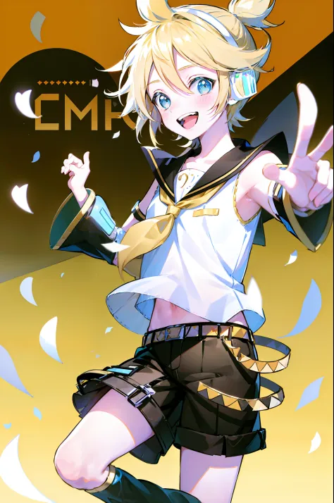album cover, Kagamine Rin, Kagamine Len, number tattoo, bow, white shirt, detached sleeves, belt, sailor collar, headphones, knee length shorts, leg warmers, hands in the air, happy, open mouthed smile, multicoloured confetti, energetic, colourful backgrou...