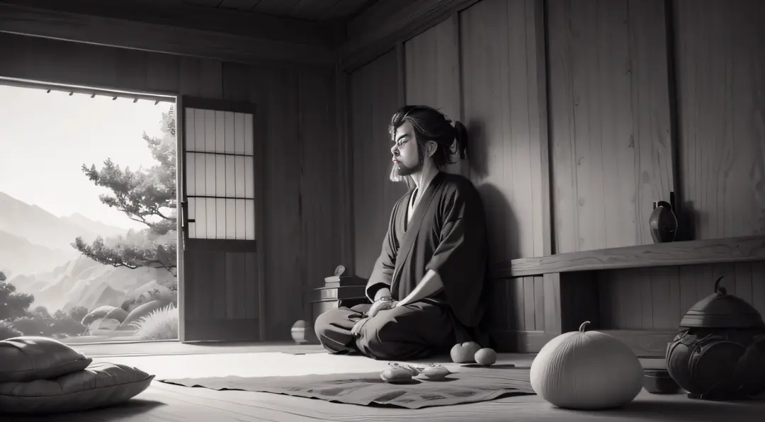 meditation Miyamoto Musashi on a clam place, black and white , manga , nature, high contrast , painting