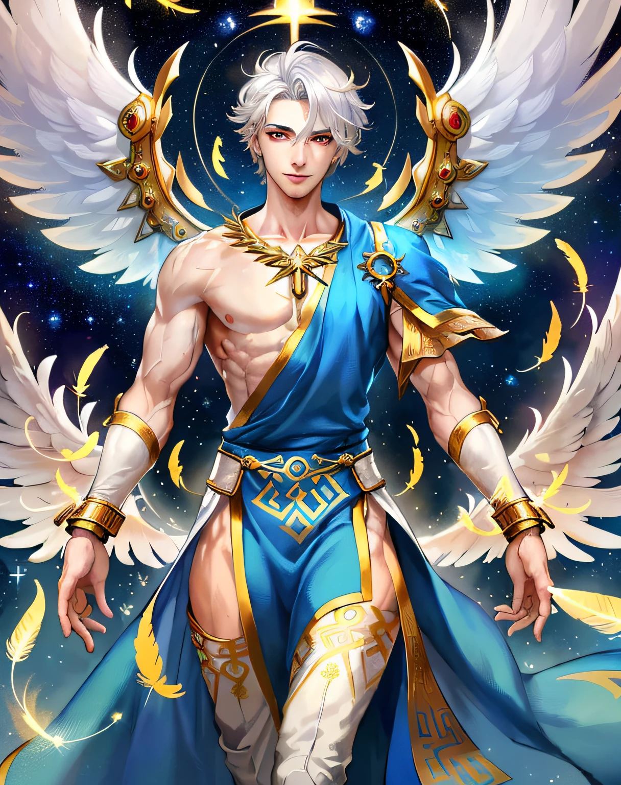 extremely detailed, hyper detailed, (PERFECT FACE), ((detailed eyes)) illustration, low lighting, 2d, intricate, detailed eyes, sexy, toned, (outside), Surrounded by white and silver and gold nebulae, stars, sidereal winds and planets. ((extremely realistic shadows, masterpiece, extremely detailed, photorealistic)).  Male god, a handsome man with large wings growing from his back, is the god of the personification of luminosity and brilliance, the upper sky and light.
((1 20-year-old man) (20 years old) White hair, red eyes, Height 2 meters tall, optimal height, very tight clothing, Body full of muscles; muscular pectorals, ripped ABS, V-shaped body, narrow waist, long legs, Strong arms manly, beautiful face, Attractive guy with a cool and calm face with a cold smile, Topless. ((Greek tunic)) Wings. White and gold feathers. Luminescence on his wings.