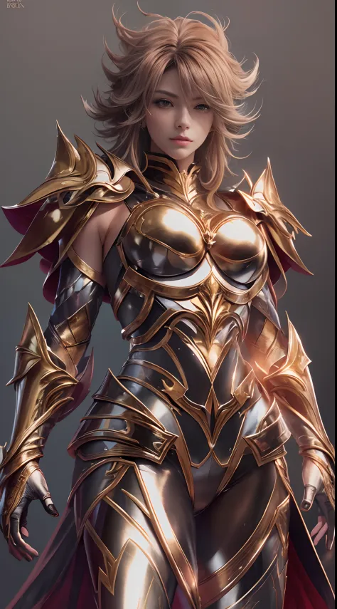 Ultra-high saturation（tmasterpiece）， fully body photo，（best qualtiy）， （1girll）， Wearing shiny gold armor， Sexy lingerie type armor，Expose your chest，Expose the waistline，Exposing thighs，cool-pose， Saint Seiya Armor， messy  hair，high detal, Anime style, Cin...