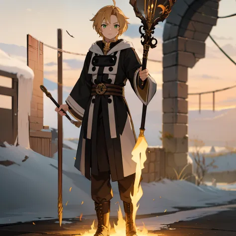 teenager, blond hair, green eyes, fire wizard, high contrast, colorful, front facing, full body, rudeus greyrat, fire ball in ha...