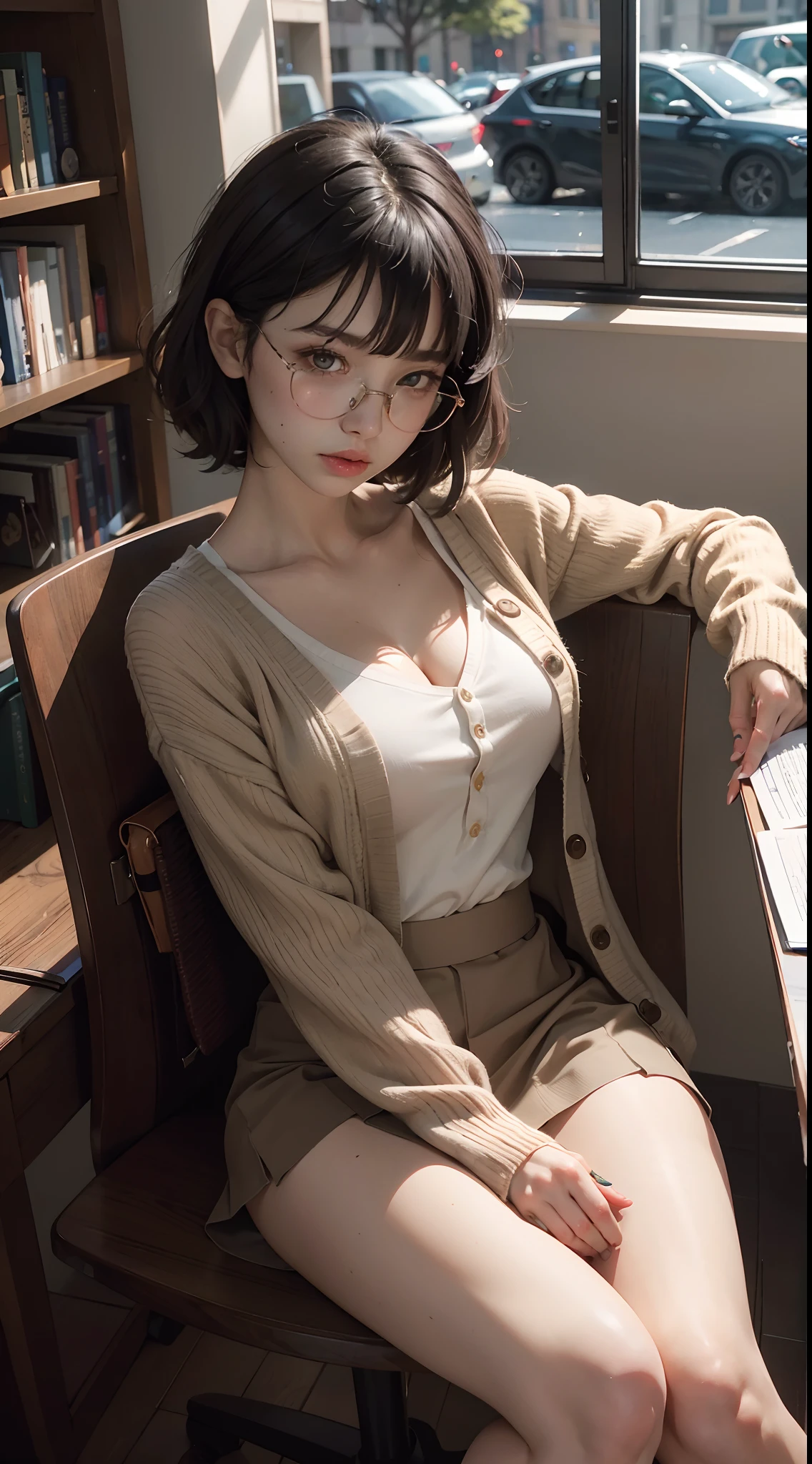 Arafed woman sitting in a chair in a library with a bookcase - SeaArt AI