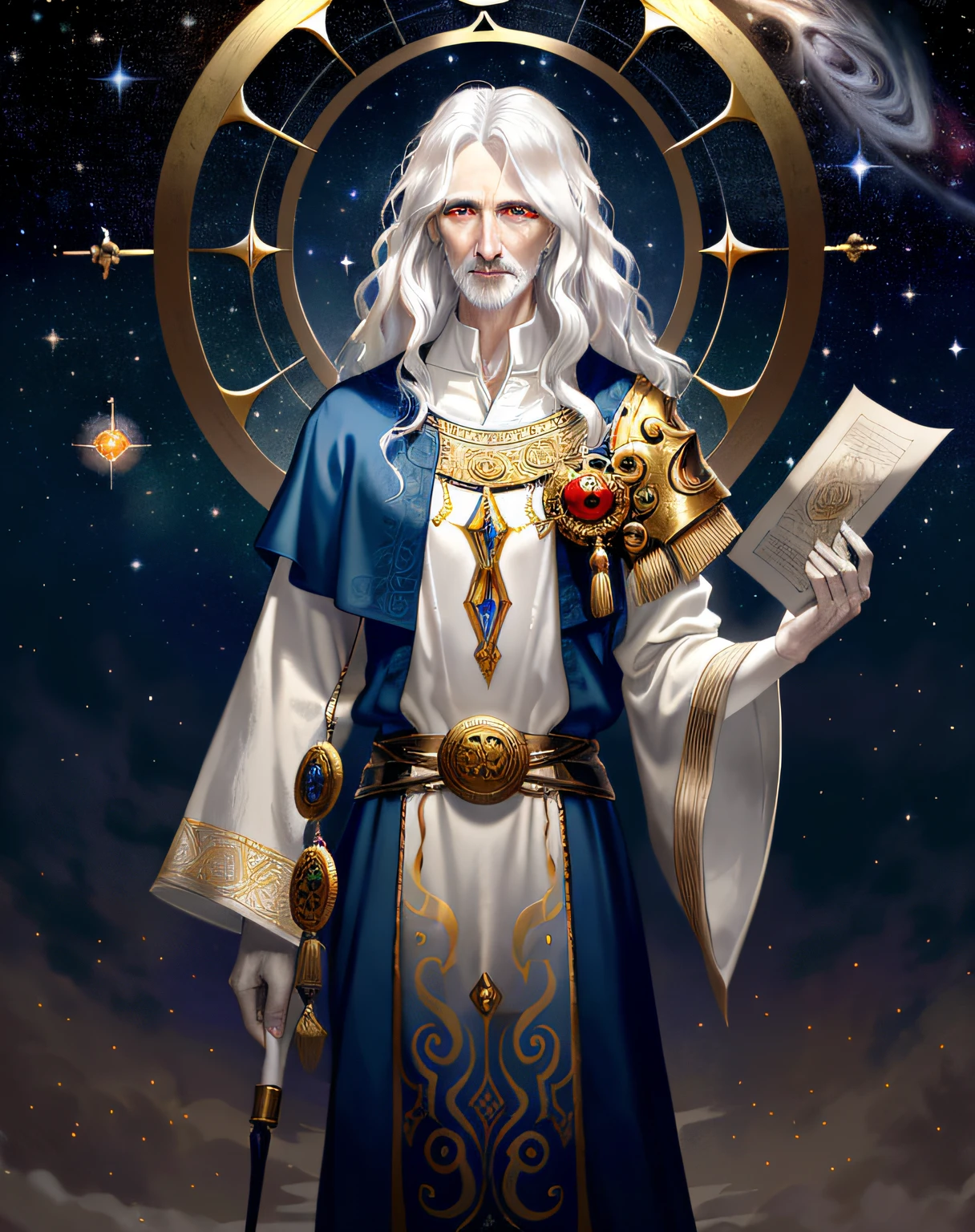 extremely detailed, hyper detailed, (PERFECT FACE), ((detailed eyes)) illustration, low lighting, 2d, intricate, detailed eyes, sexy, toned, (outside), White hair, red eyes. Surrounded by white and silver and gold nebulae, stars, sidereal winds and planets. ((extremely realistic shadows, masterpiece, extremely detailed, photorealistic)).  A male god, god of old age and the passage of time, holds a scroll of ancient parchment and in the other an hourglass. (1 70-year-old man) ((70 years old)), traces of old age around his eyes, (tired eyes) Apathetic expression, long wavy hair, wears an ancient Greek tunic, pale skin, ((Pale skin )).