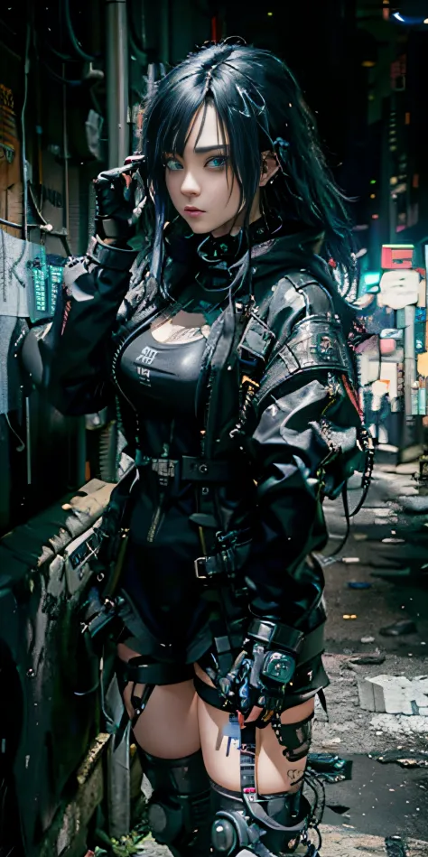 there is a woman in a black outfit standing in a alley, wearing techwear and armor, jet black haired cyberpunk girl, female cybe...