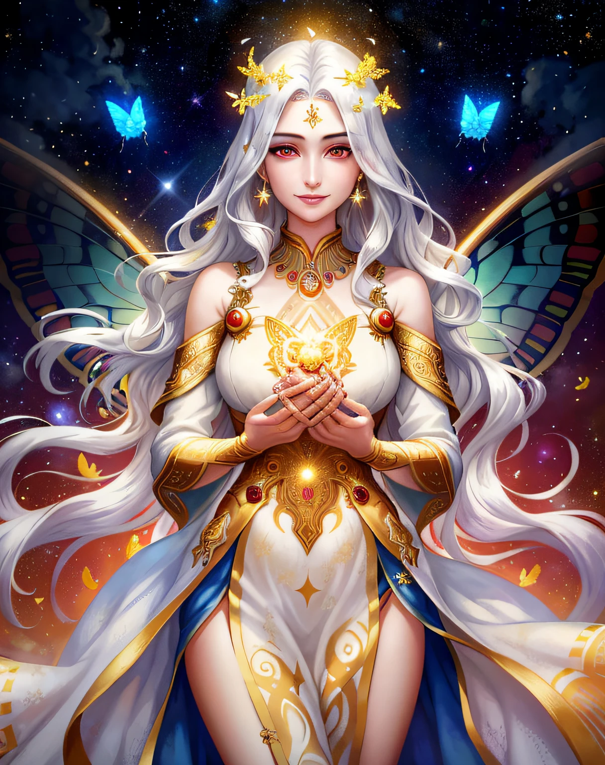 extremely detailed, hyper detailed, (PERFECT FACE), ((detailed eyes)) illustration, low lighting, 2d, intricate, detailed eyes, sexy, toned, (outside), White hair, red eyes. Surrounded by silver and gold nebulae, stars, sidereal winds and planets. ((extremely realistic shadows, masterpiece, extremely detailed, photorealistic)).  Goddess of hope and motherhood, a kind and loving smile is always present on her beautiful face. (1 woman20 years old) ((20 years old)), beautiful and motherly face, (loving eyes) simple smile, long wavy hair, she wears an ancient Greek tunic, surrounded by butterflies of golden light.