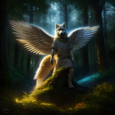 (best quality,highres:1.2),(realistic:1.37),beautiful white angel wings,detailed golden eyes,detailed wolf face,strong and confi...