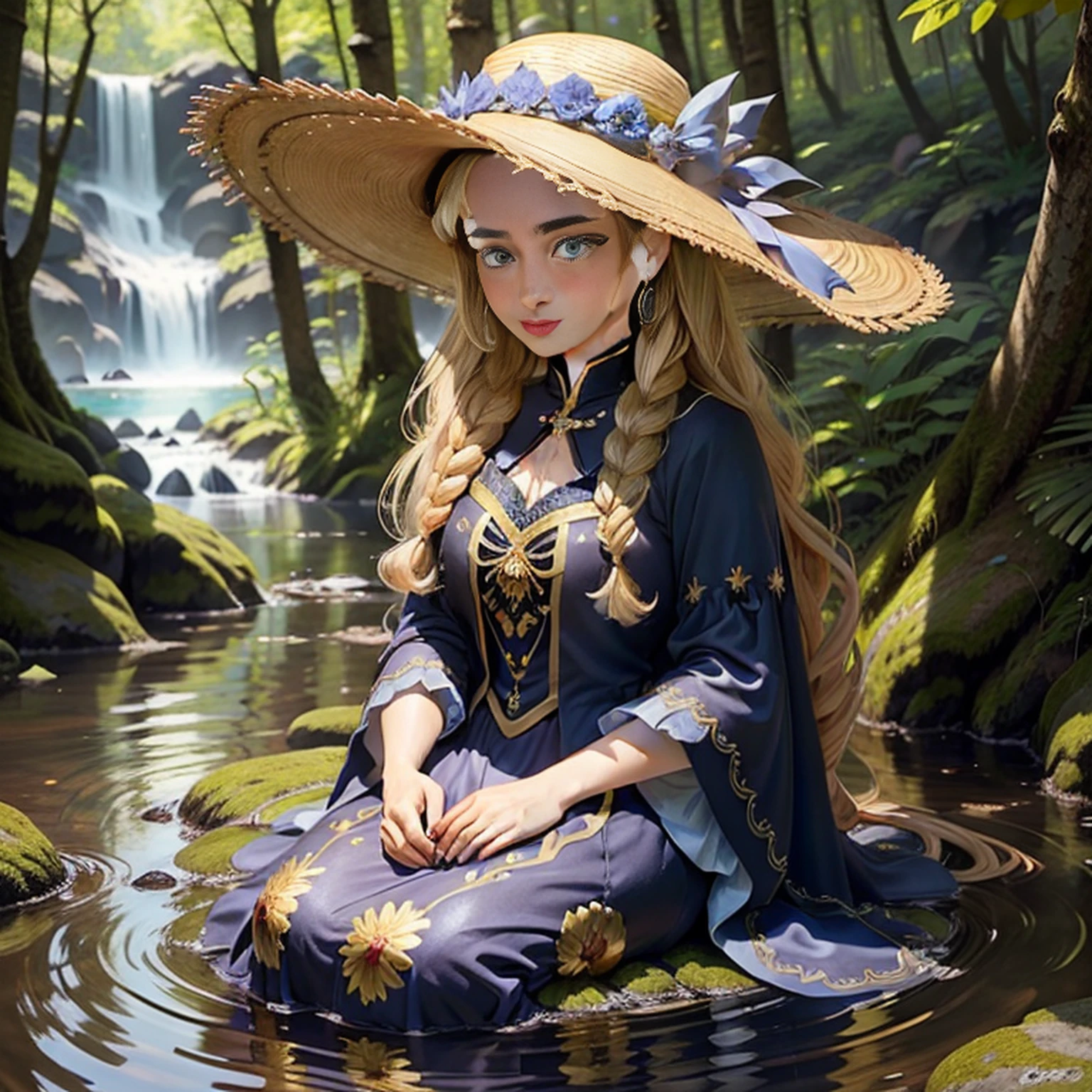 uma ，beautiful face，Olhos brilhantes bonitos，longos cabelos loiros，Wearing a large-brimmed hat、Golden Hair Accessories and Star Earrings，Um lindo vestido azul，The dress is decorated with gold patterns and lace finish。Sit quietly at the water's edge in the forest,A floresta tem flores, trees and rivers。The sun shines through the trees, casting of gloss stains。The whole forest is sparkling,master part，Best quality at best