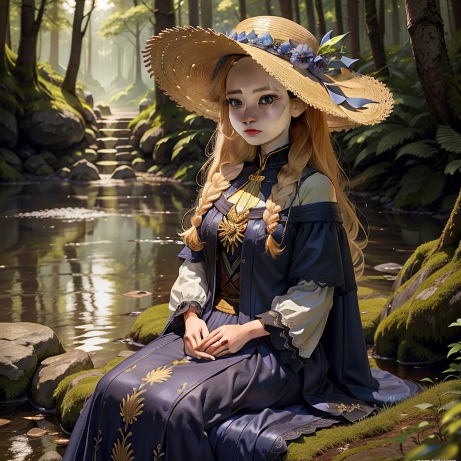 uma ，beautiful face，Olhos brilhantes bonitos，longos cabelos loiros，Wearing a large-brimmed hat、Golden Hair Accessories and Star Earrings，Um lindo vestido azul，The dress is decorated with gold patterns and lace finish。Sit quietly at the water's edge in the forest,A floresta tem flores, trees and rivers。The sun shines through the trees, casting of gloss stains。The whole forest is sparkling,master part，Best quality at best