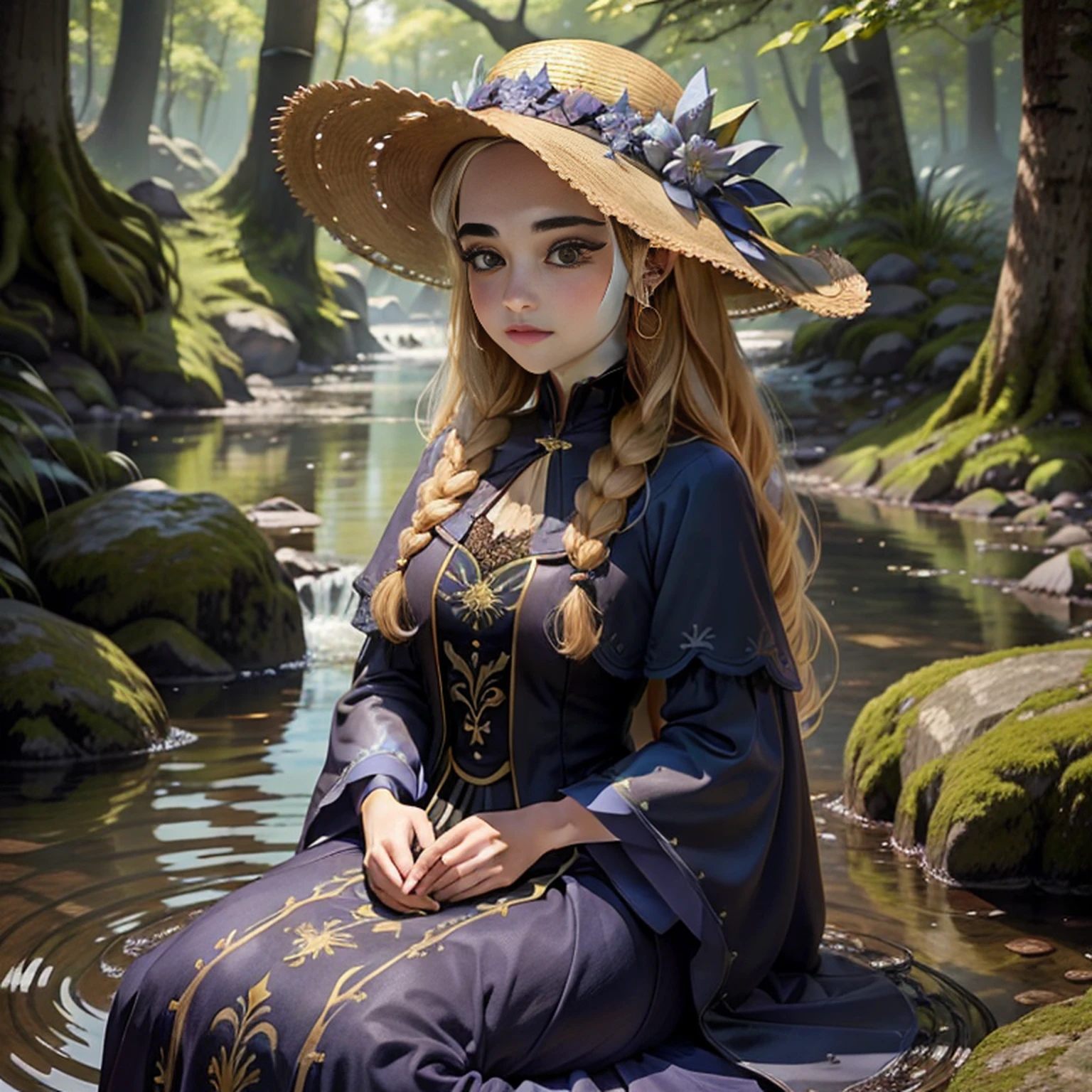 uma ，beautiful face，Olhos brilhantes bonitos，longos cabelos loiros，Wearing a large-brimmed hat、Golden Hair Accessories and Star Earrings，Um lindo vestido azul，The dress is decorated with gold patterns and lace finish。Sit quietly at the water's edge in the forest,A floresta tem flores, trees and rivers。The sun shines through the trees, casting of gloss stains。The whole forest is sparkling,master part，Best quality at best