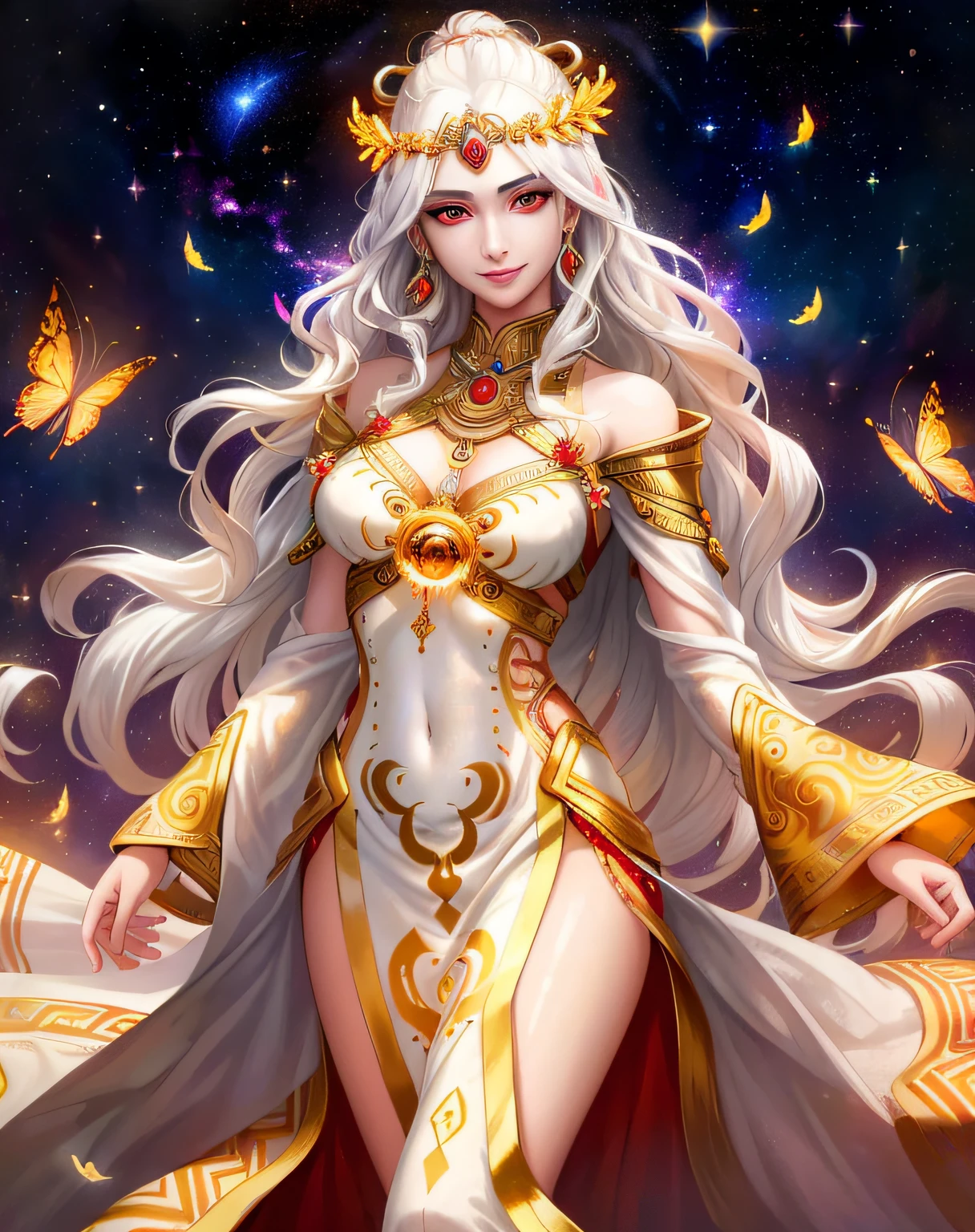 extremely detailed, hyper detailed, (PERFECT FACE), ((detailed eyes)) illustration, low lighting, 2d, intricate, detailed eyes, sexy, toned, (outside), White hair, red eyes. Surrounded by silver and gold nebulae, stars, sidereal winds and planets. ((extremely realistic shadows, masterpiece, extremely detailed, photorealistic)).  Goddess of hope and motherhood, a kind and loving smile is always present on her beautiful face. (1 woman 16 years old) ((16 years old)), beautiful and motherly face, (loving eyes) simple smile, long wavy hair, she wears an ancient Greek tunic, surrounded by butterflies of golden light.