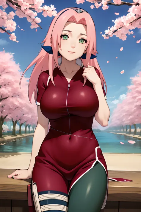 tmasterpiece， Best quality at best， 1girll， Sakura Haruno， Large breasts, smile，with pink hair， long whitr hair， （Green eyeballs:1.4)， Forehead protection， the cherry trees，Cherry blossoms flying，Red clothes in anime style ，tight pants at thighs, wallpaper...