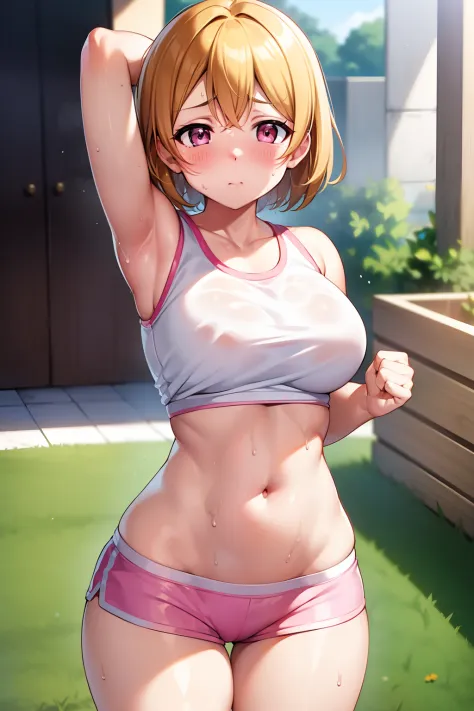 koizumi_hanayo,pink Crop top, white tight shorts,soaked in sweat,sweaty,  heavy breathing,red face,blunt hair,curvy body, standing in supermarket , exposed armpits, exposed groin, exposed inguinal, exposed pubis