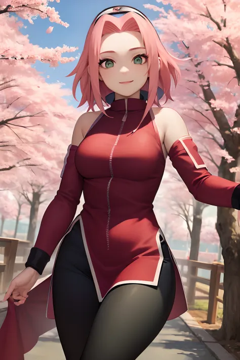 tmasterpiece， Best quality at best， 1girll， Sakura Haruno， medium breasts, smile，with pink hair， long whitr hair， （Green eyeballs:1.4)， Forehead protection， the cherry trees，Cherry blossoms flying，Red dress Cleft thighs, short tight pants , outfit body, ti...