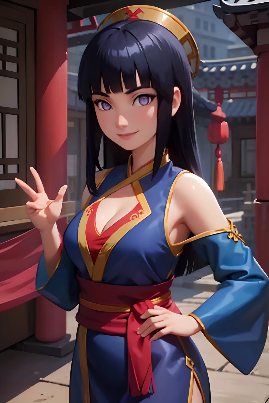 portrait, looking at viewer, smiling, teeth,
1girl, solo, blunt bangs, purple eyes, long dark blue hair,
blue hanfu, layered dress, red sash, cleavage,
outdoors, Chinese courtyard, china, summer
volumetric lighting, masterpiece, best quality