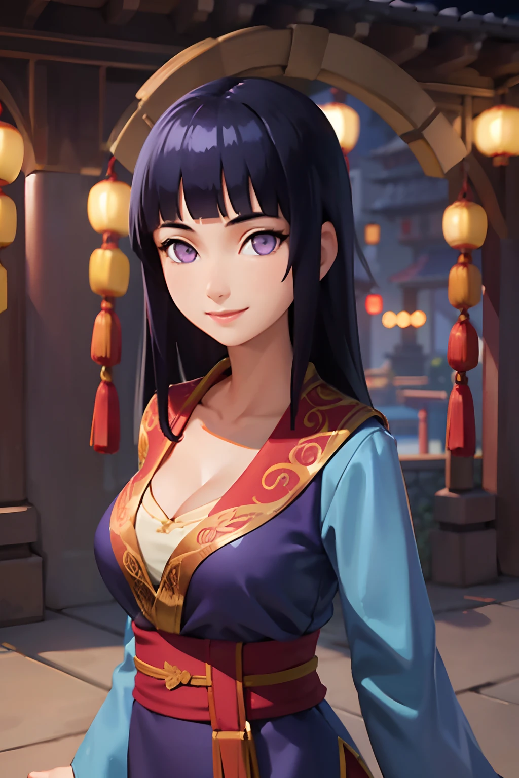 portrait, looking at viewer, smiling, teeth,
1girl, solo, blunt bangs, purple eyes, long dark blue hair,
blue hanfu, layered dress, red sash, cleavage,
outdoors, Chinese courtyard, china, summer
volumetric lighting, masterpiece, best quality