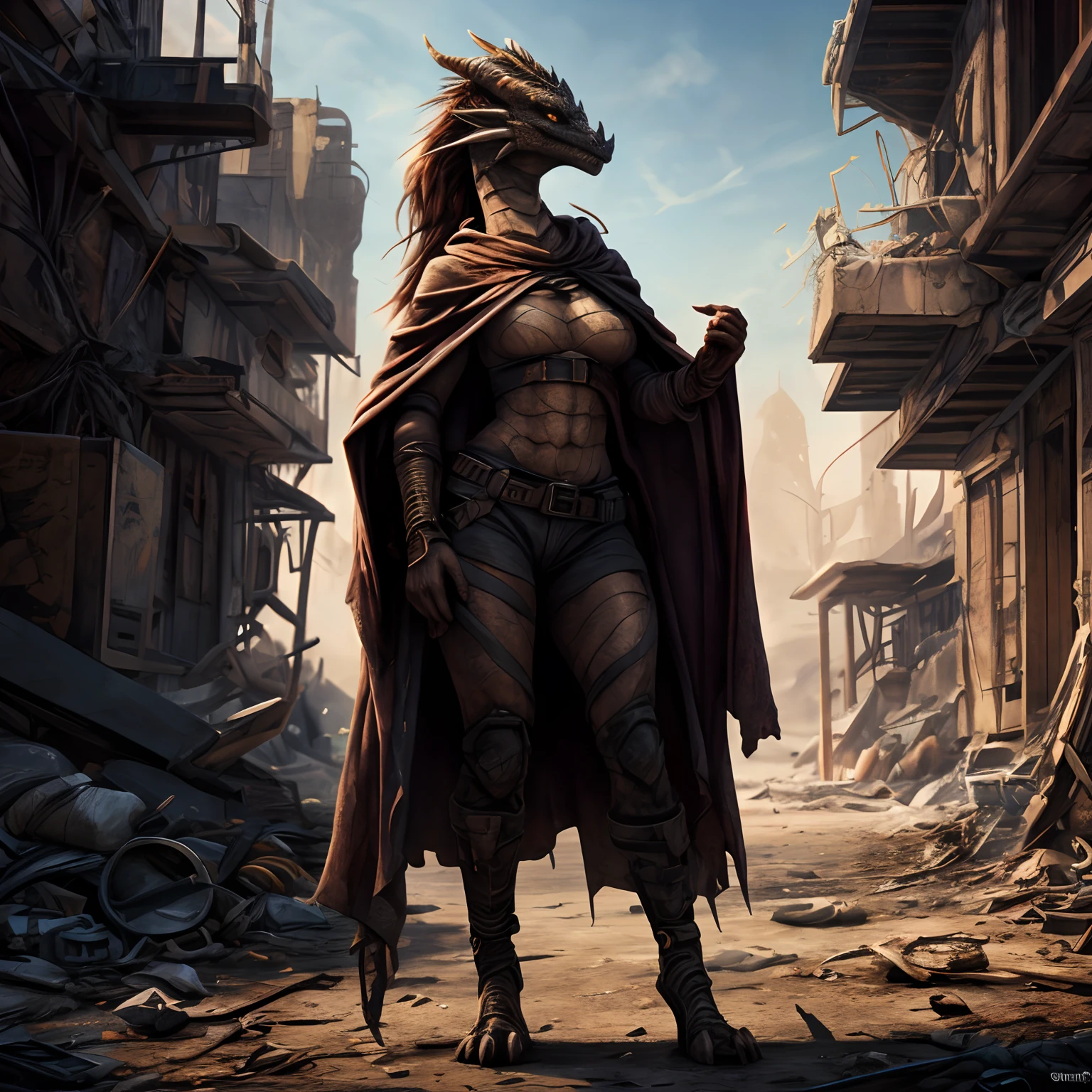 (best quality, highres, realistic:1.37), Draconid, scalie, Anthro-Dragon Body, shapely body, Female anthropopathy, long slim legs, long neck, Long hair, membranous ears, postapocalyptic wasteland, raider's clothes, tattered cloak, warm colours,