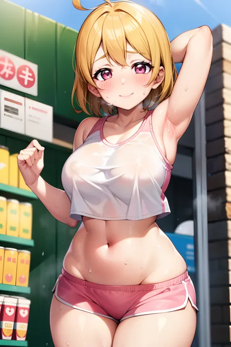 koizumi_hanayo,pink Crop top, white tight shorts,soaked in sweat,sweaty,  heavy breathing,red face,blunt hair,curvy body, standing in supermarket , exposed armpits, exposed groin, exposed inguinal, exposed pubis, smile, ahoge