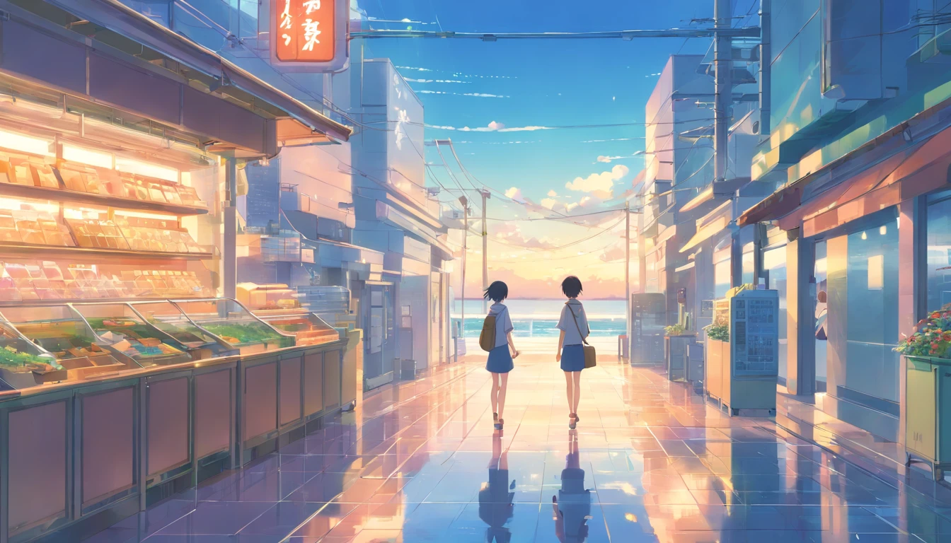 Anime anime scene of two people walking down a street with a store - SeaArt  AI