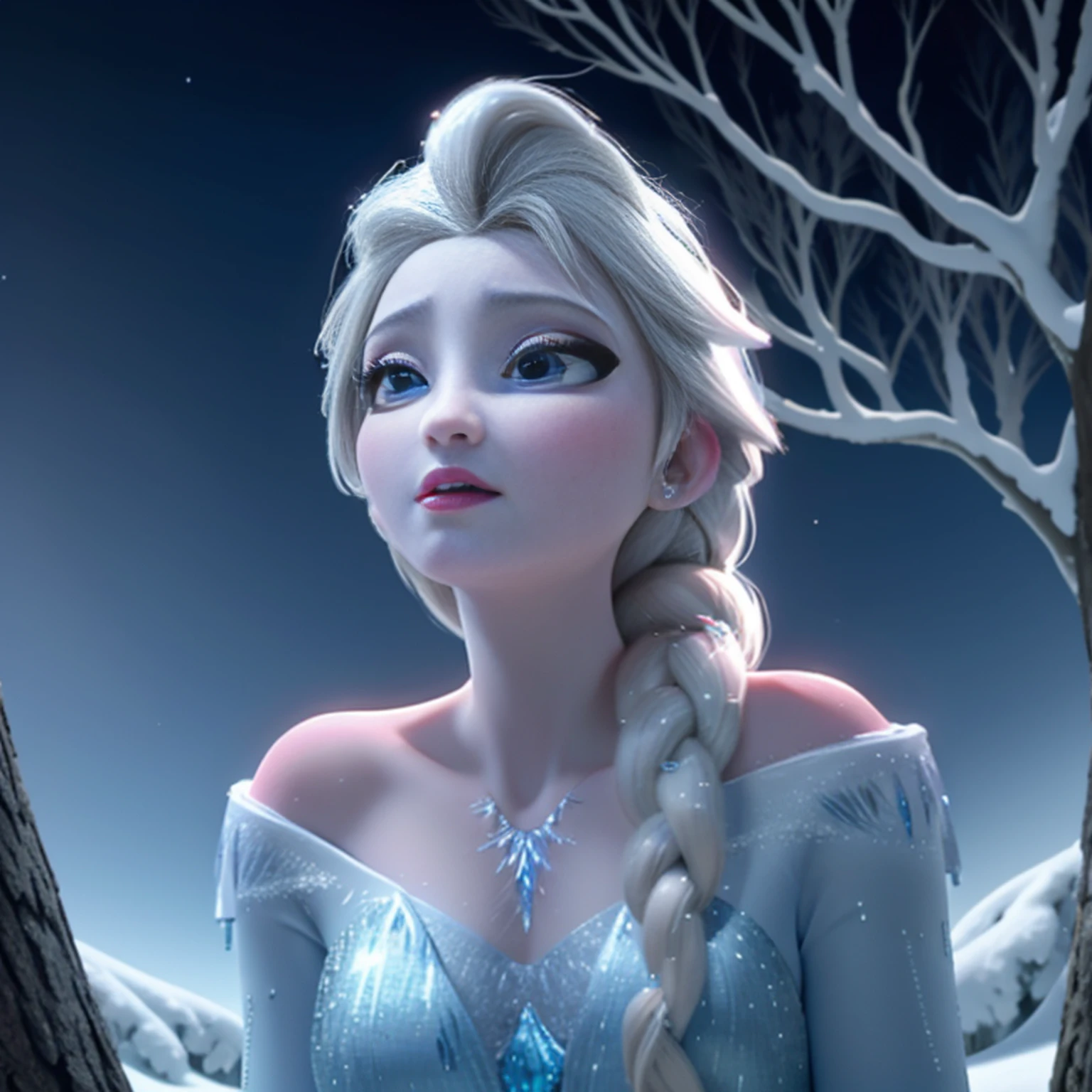 close-up of Elsa from Frozen sitting like a lady under a tree on ice ...