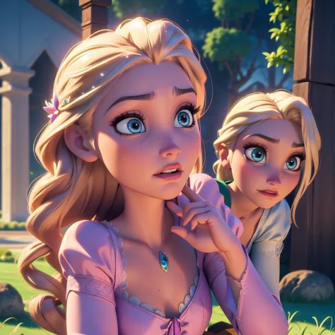 Elsa-Rapunzel Fusion, Mesclando modelos, Roupas da Rapunzel, melting, 1girl, Beautiful, character, Woman, female, (master part:1.2), (melhor qualidade:1.2), (sozinho:1.2), ((pose de luta)), ((campo de batalha)), cinemactic, olhos perfeitos, pele perfeita, ...
