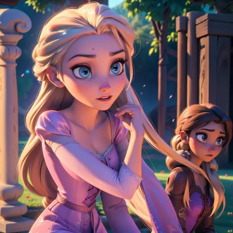 Elsa-Rapunzel Fusion, Mesclando modelos, Roupas da Rapunzel, melting, 1girl, Beautiful, character, Woman, female, (master part:1.2), (melhor qualidade:1.2), (sozinho:1.2), ((pose de luta)), ((campo de batalha)), cinemactic, olhos perfeitos, pele perfeita, ...