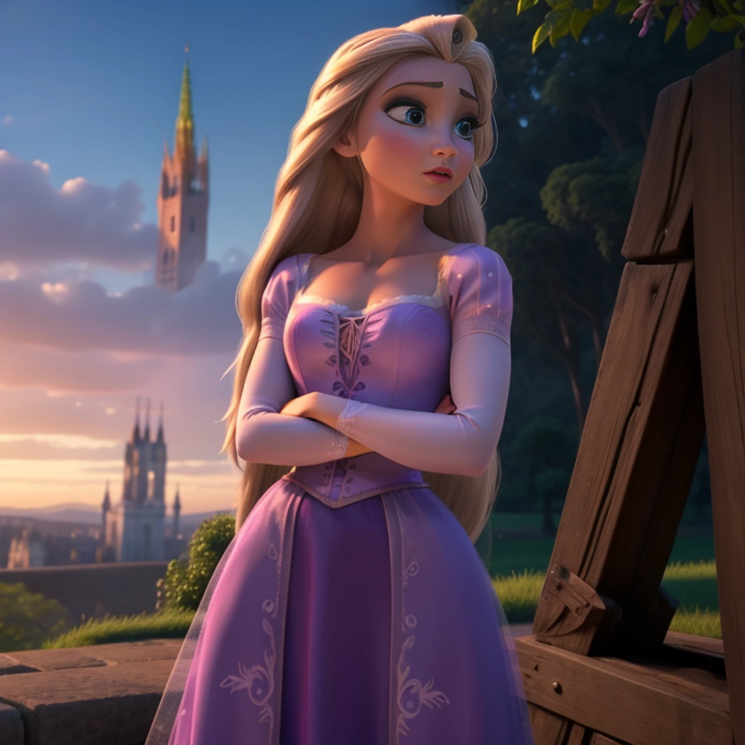 Elsa-Rapunzel Fusão, Mesclando modelos, Roupas da Rapunzel, Derretendo, 1 garota, lindo, personagem, mulher, fêmea, (parte mestre:1.2), (melhor qualidade:1.2), (sozinho:1.2), ((pose de luta)), ((campo de batalha)), cinematográfico, olhos perfeitos, pele perfeita, iluminação perfeita, sorrir, luz, cor, pele texturizada, detalhe, Beleza, maravilha, ultra-detalhado, rosto perfeito