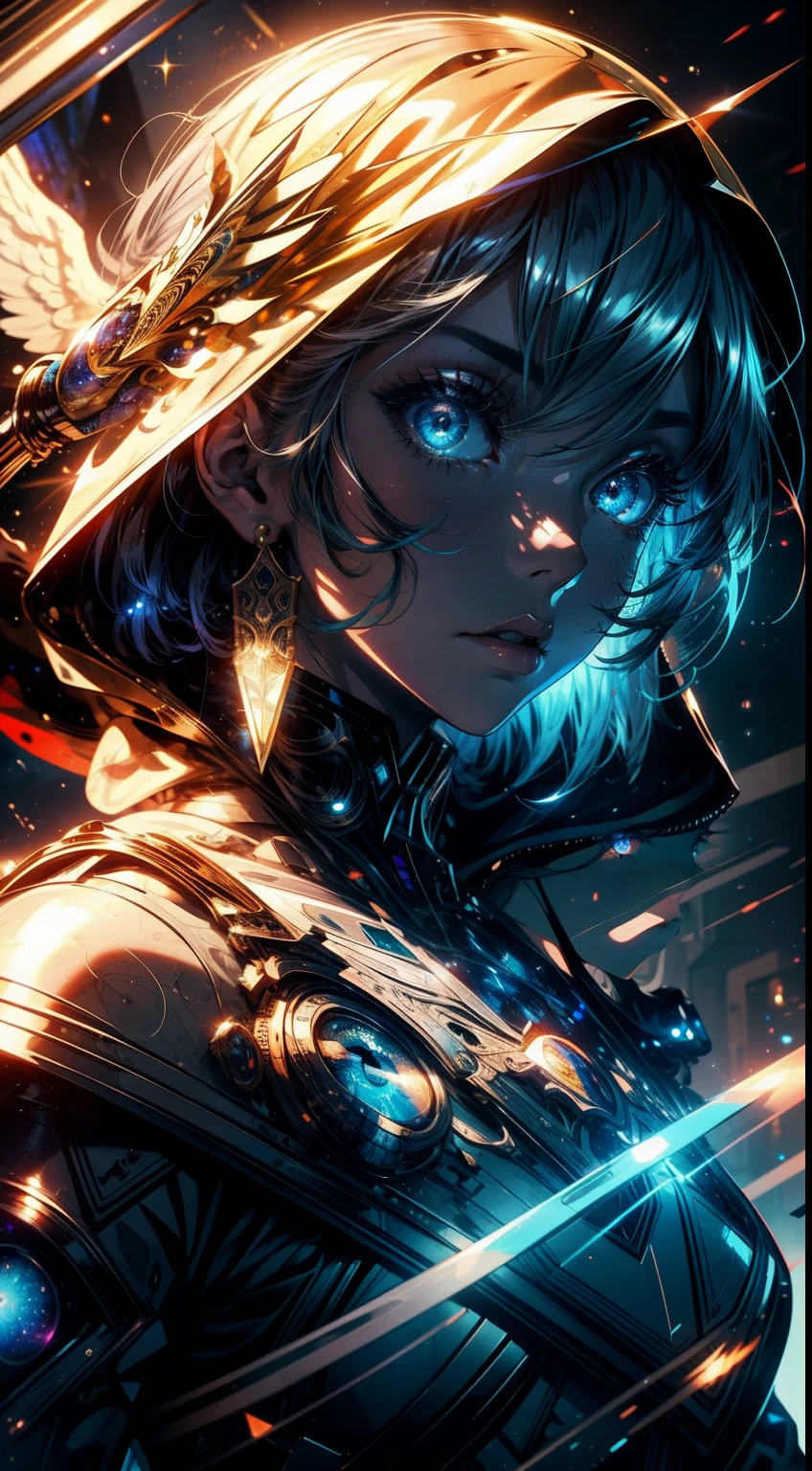 realistic, 4k, an angel with big wings, a sword, a hood over his head in war (chaos) space girl background image, spacesuit, space, masterpiece, best quality, technological, high-tech, intricate , detailed, absurd, 1woman, beautiful, perfect face, extreme details, (masterpiece), (best quality), face, looking at viewer, wide eyes, amazement, fright, surprise, space, beautiful, stardust, cosmic , wallpaper, cinematic, composition, colorful, perfect eyes, 32k, in dimensions 1080 x 1920, very beautiful mouth, real skin, blue eyes, raw, sensual, magic, dimensions, stardust, futuristic