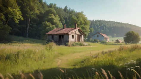 Abandoned old Russian farmhouse, Concept art, against the backdrop of a natural landscape, Forests and fields, Sunny day, Woman in the style of DayZ, with backpack, Realism of the image, higly detailed,