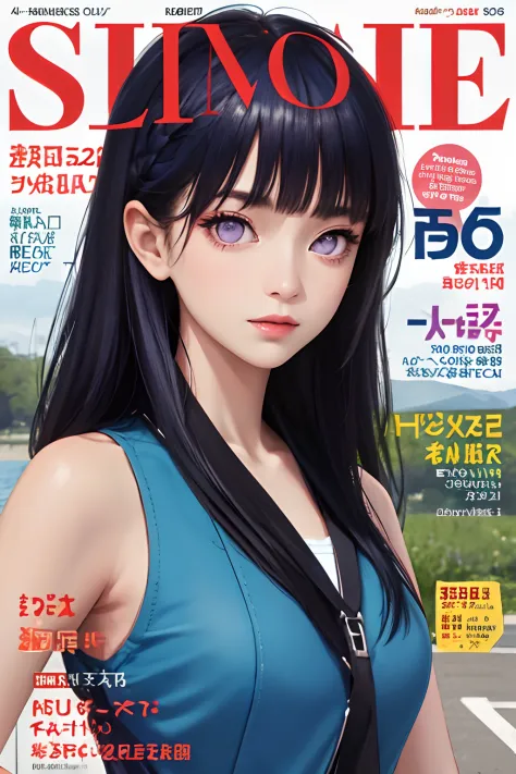 masterpiece, best quality, spring outfit, colorful hair, outdoor, magazine cover ,upper body,Blunt Bangs, purple eyes, long dark blue hair
