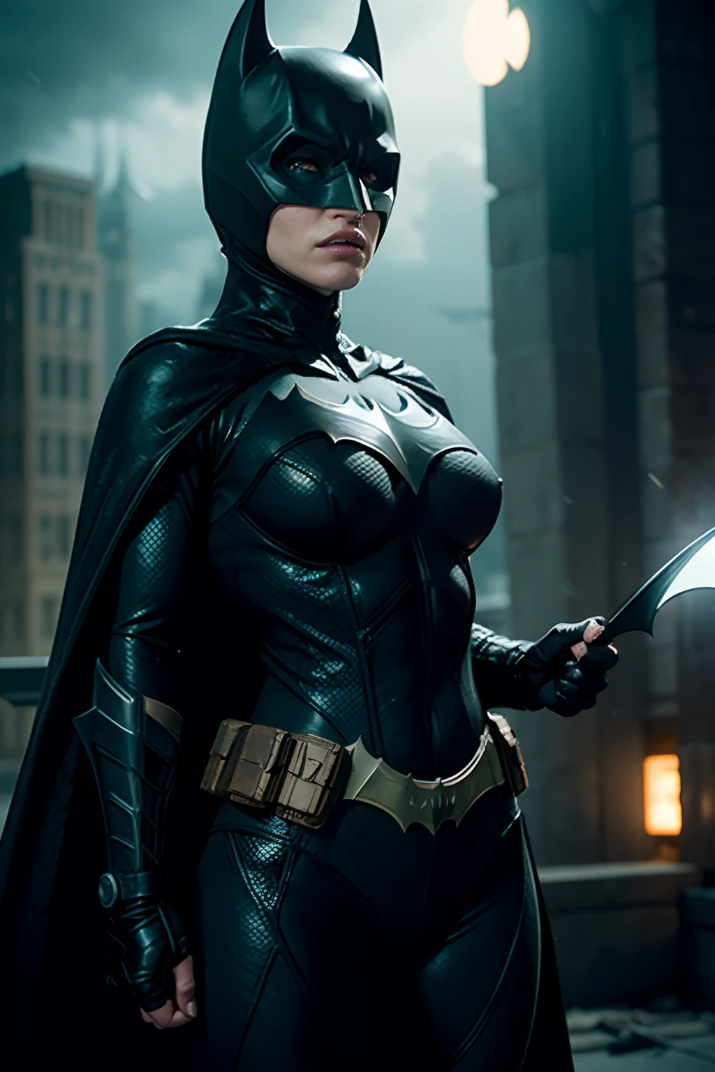 ((Jennifer Garner as Batman holding a Batarang)), wearing Batman armor with cape, (dynamic pose), defined muscles, red hair, athletic build, tight costume, very beautiful, ((sexy, small natural breast, cleavage, nippin, camel toe)),  (highly detailed skin: 1.2), serious face, beautiful face, highly detailed skin, skin pores, (highly detailed face:1.1), (highly detailed eyes:1.1), realistic pupils, full face blush, full lips, (perfect anatomy:1.1), (perfect proportions:1.1), (photography:1.1), (photorealistic:1.1), volumetric lighting, dynamic lighting, real shadows, (highres:1.1), sharp focus, (realistic, hyperrealistic:1.4), intricate, high detail, dramatic, subsurface scattering, vivid, polished, sharpened, 35mm, 8k, (((Night photography, Gotham city background)