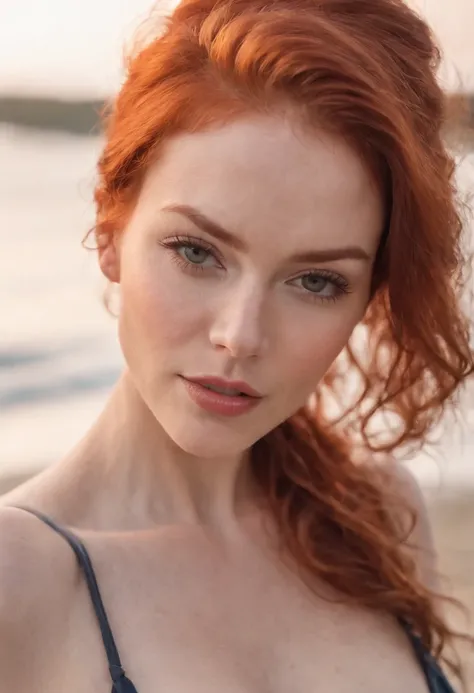 A close up of a woman with red hair and a blue top - SeaArt AI