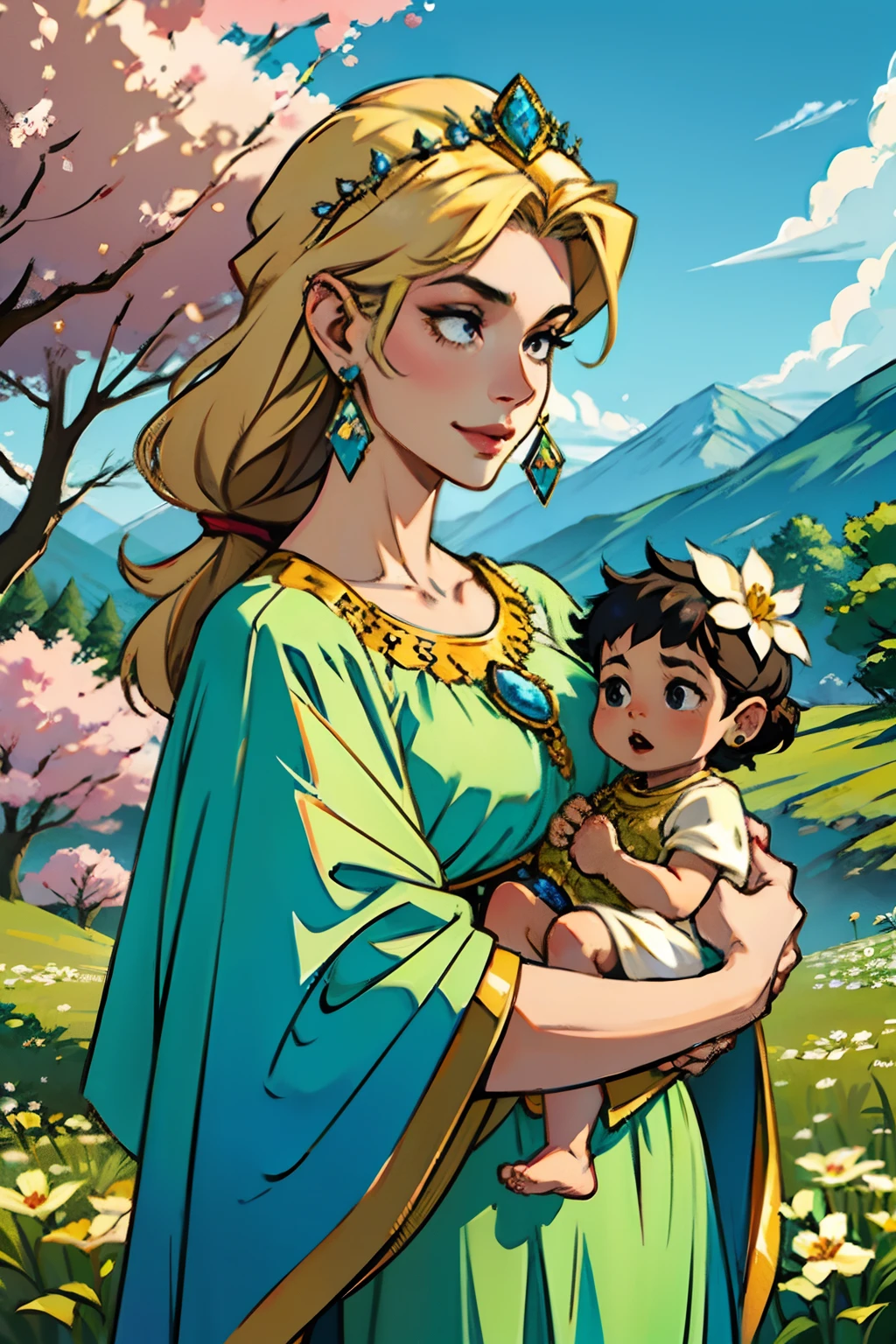 A woman who is a young mother, holding her baby, wearing a jeweled crown and jeweled earrings, background is springtime landscape, mood is prosperous, wealthy, nurturing, nourishing, daytime light, character design.