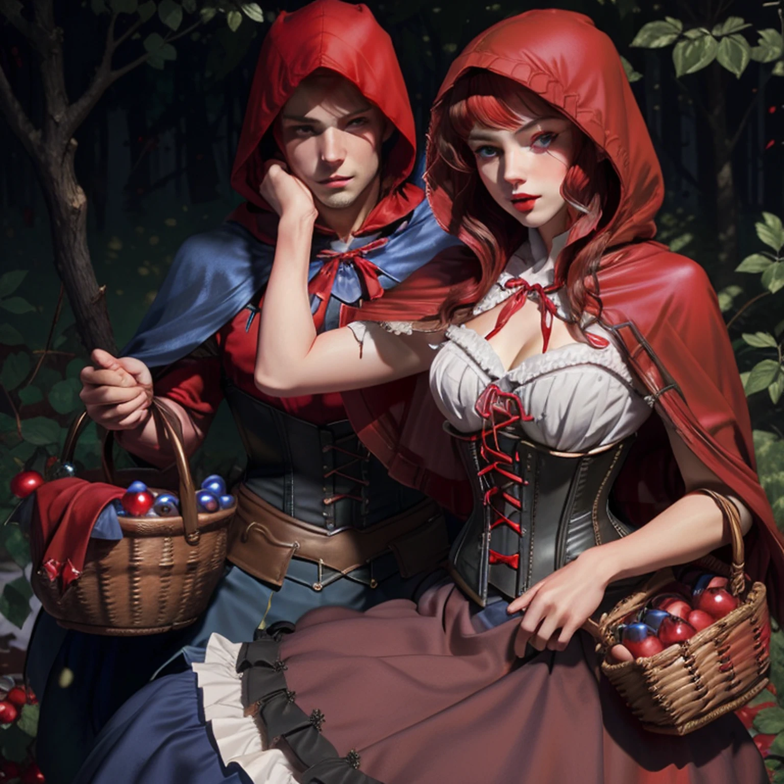 blue eyes,  RedHoodWaifu, (red hood, cape, corset, dress, red skirt),  fruit basket,  nice hands, good hands, detailed face, detailed eyes, detailed lips, detailed eyelashes,