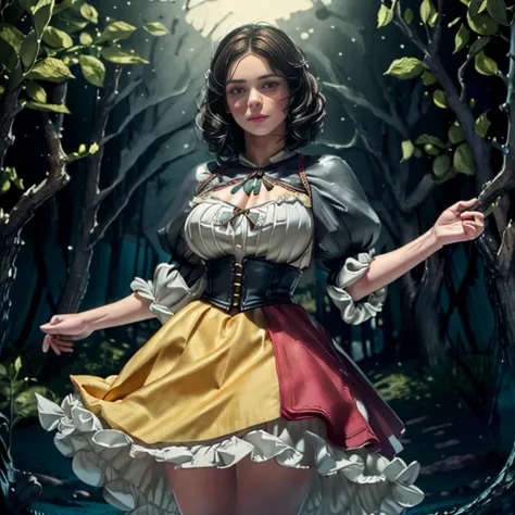 extremely beautiful snow white, subtle makeup, golden hour, photorealistic, high contrast, 8k HD, detailed, hyper-detailed, (curly bob short dark hair), realistic skin texture, large breast, best quality, ultra high res, raw photo, dramatic lighting, unrea...
