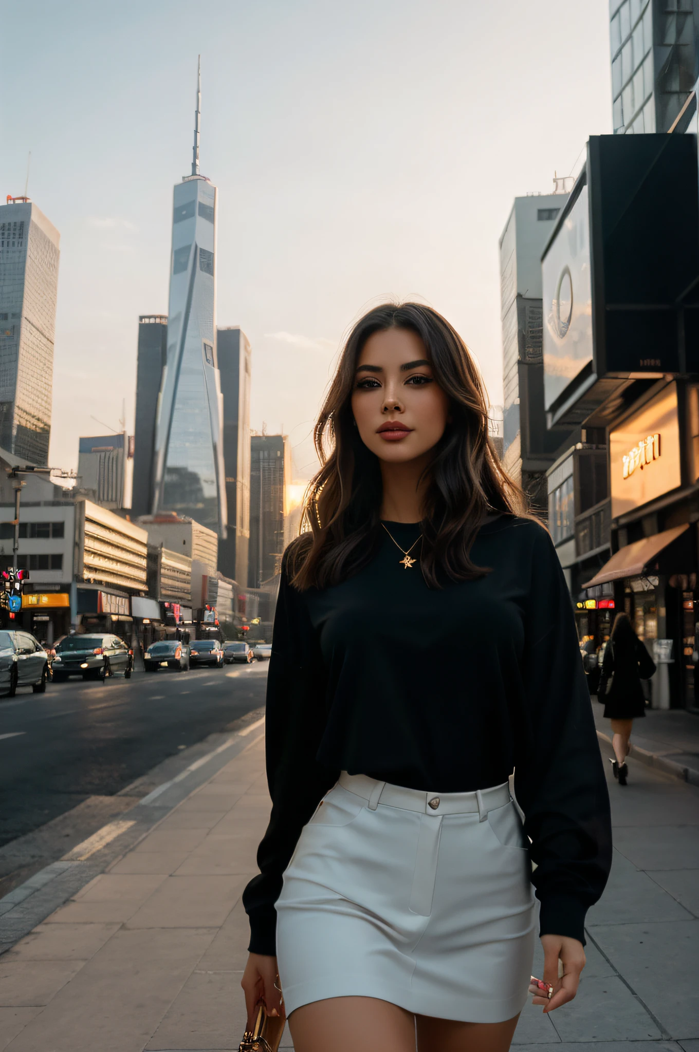 A girl walking in the city, accompanied by the bustling sounds of cars and footsteps. Beautiful detailed eyes and lips that add charm to her face. She is dressed in fashionable clothes, radiating confidence and elegance. The cityscape is filled with tall skyscrapers, vibrant neon lights, and busy streets. The air is filled with a mix of excitement and urban energy. The girl walks with a purpose, her long eyelashes fluttering in the wind. The city is bathed in a warm sunset glow, casting a magical golden light on everything around. The artwork is created in a realistic style with ultra-detailed and vivid colors. The composition captures the dynamic atmosphere of the city, with sharp focus on the girl as the central figure. The lighting emphasizes the contrast between light and shadow, adding depth to the scene. The overall image quality is of the best quality, with high resolution and exquisite attention to detail.