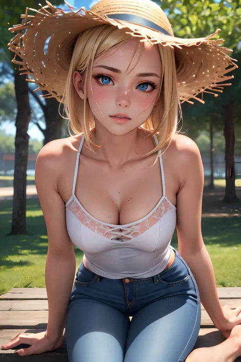 1girl, white transparent summer outfit, jeans shorts, straw hat, bare feet, blonde hair, blue eyes, full body, Style-Petal, trees background, sunny day, perfect eyes, perfect hands, ultra high res, cinematic angle, professional lighting, best quality, mast...