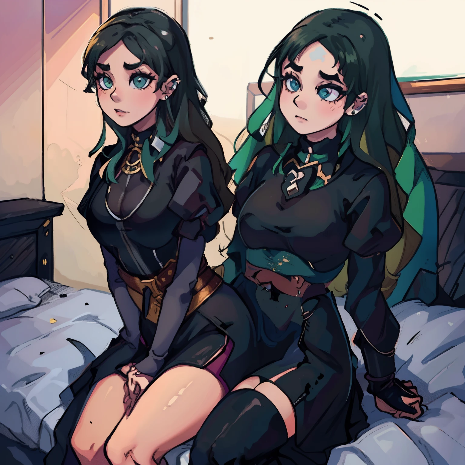 Two anime girls sitting on a bed with their legs crossed - SeaArt AI